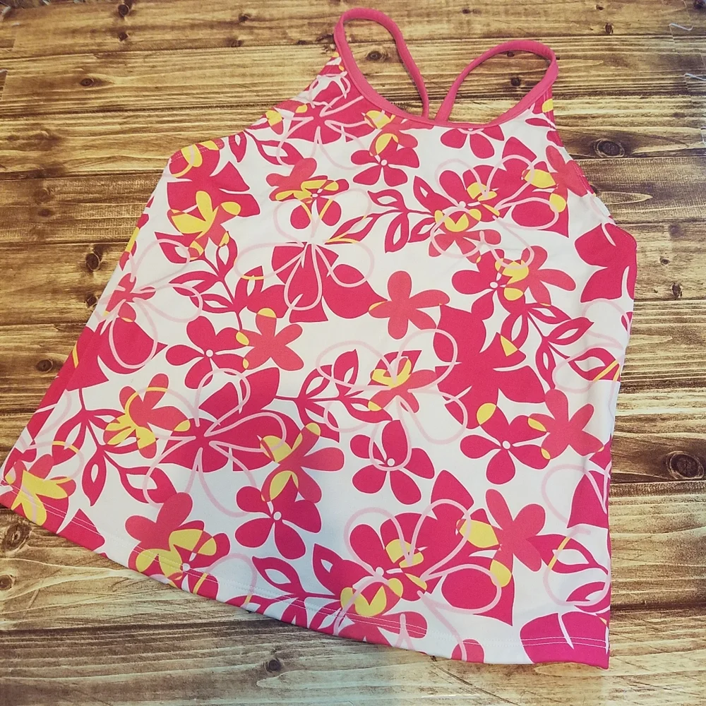L.L. Bean Girls Size 16 Floral Tankini Swim Top Pink Yellow UPF 50+